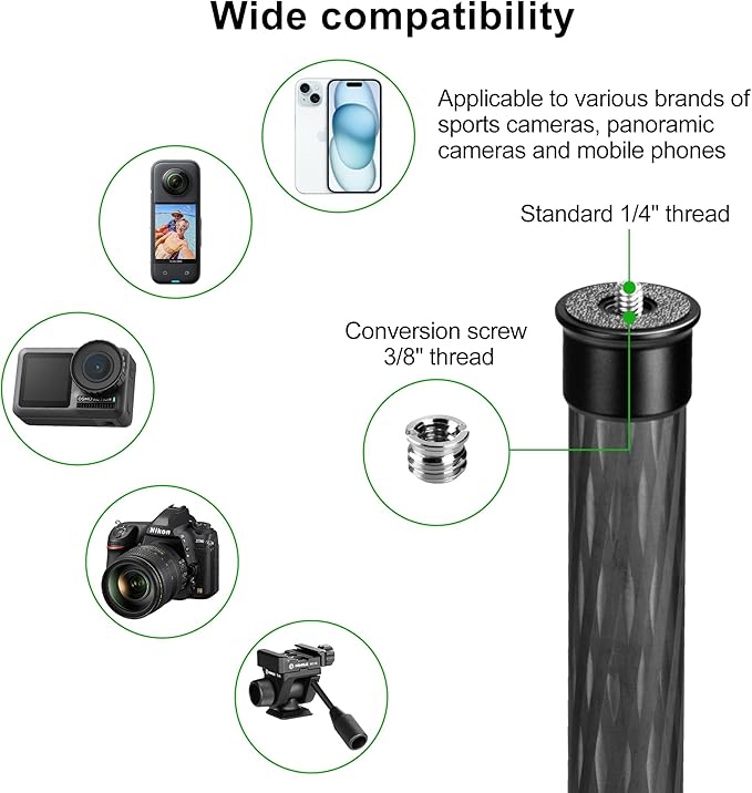 FANAUE Gimbal Extension Pole Carbon Fiber Extension Monopod Pole Stick with 1/4" Screw, 2 Section Universal Rod for Tripod Compatible with Digtital Camera Smartphone Long Selfie Tick Length is 14"-25"