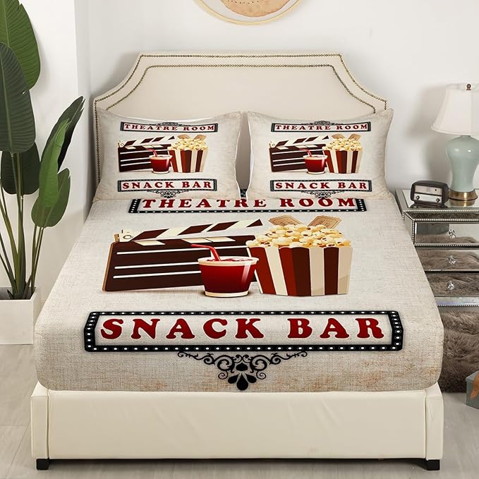 Erosebridal Home Theater Decor Bed Sheets Set Vintage Cinema Style Sheet Set, Movie Themed Sheets Clapboard Popcorn Filmstrip Print Fitted Sheet for Family Boys Girls Film Theme Decor Flat Sheet Twin