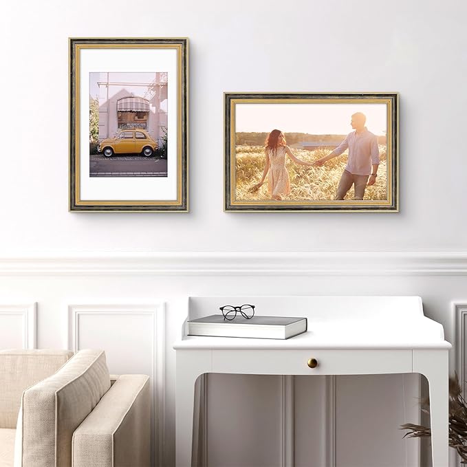 Golden State Art,11x17 Ornate Picture Frame for 9x12 Photo With Mat or 11 x 17 Prints Without Mat, Real Glass Wall Display Horizontally or Vertically (Color:Black Gold)