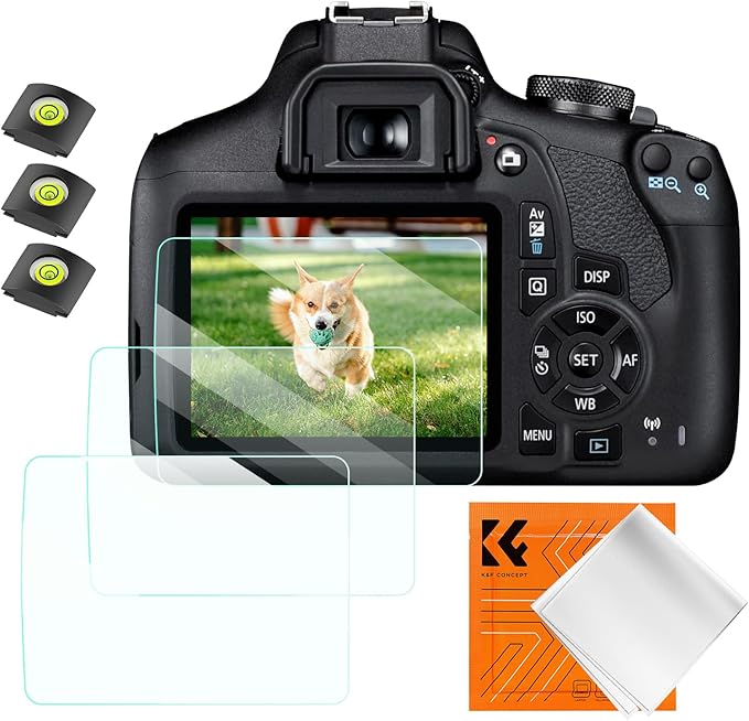 K&F CONCEPT 3 Pack Camera Screen Protector Compatible with Canon EOS Rebel T7 T6 T5, 0.3mm 9H Hardness Tempered Glass Cover Anti-Scratch Bubble-Free & Hot Shoe Cover