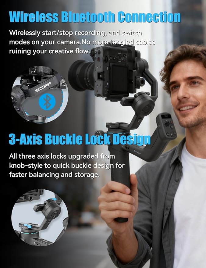 FeiyuTech SCORP-C2 Camera Gimbal Stabilizer with AI Tracking, 7.72lb Payload, Quick Vertical Shoot, Bluetooth Control, Detachable Remote Handle Compatible with Sony Canon Panasonic Nikon