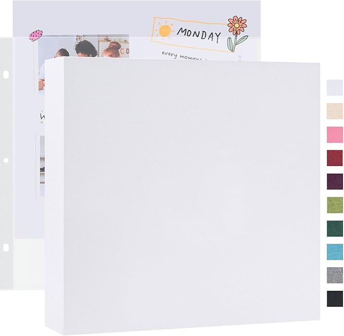 Mublalbum 12x12 Inch Large 3 Ring DIY Scrapbook Photo Album with 20 Plastic Sleeves 40 Pages Linen Cover Folder Binder for Baby Travel Wedding Anniversary and DIY Projects (White)