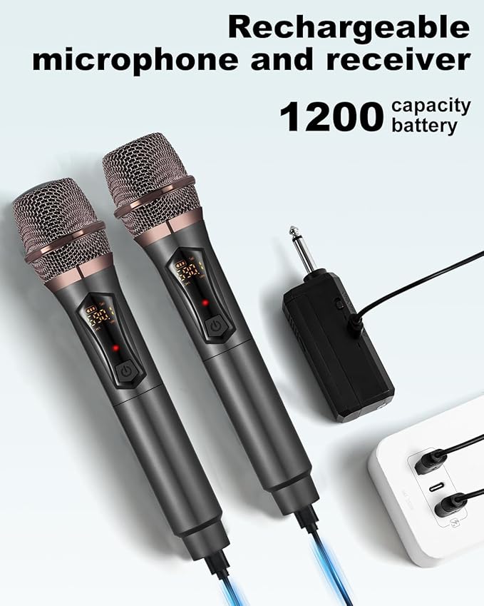 ALPOWL Wireless Microphones, Metal Dynamic Microphone System with Rechargeable Receiver, 50H Duration, 200ft Range, Microphone for Karaoke Singing, Wedding, DJ, Party, Speech, Church