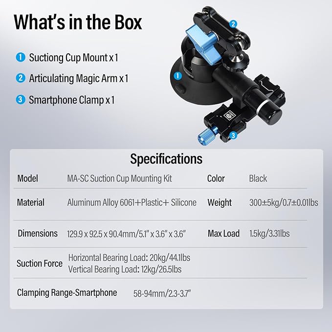 SIRUI Suction Cup Mount for Camera and Phone, Air Pump Vacuum Suction Cup with Magic Arm, Phone Holder, 360°Rotating Double Head Windshield Window Mount for GoPro, for Insta360, for DJI Action, MA-SC