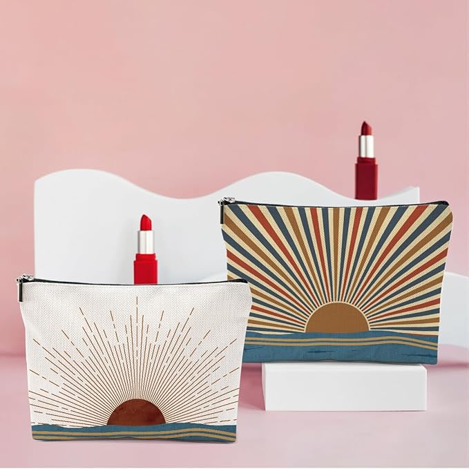2PCS Boho Makeup Bag, Boho Gifts for Women, Sunlight Rays Natural Linen Zipper Pouch Best Gifts for Girls Sister Travel Sunshine Cosmetic Bag