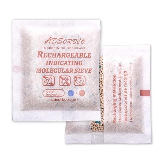 ADSorbco 20Gram (20Packs) Rechargeable Molecular Sieve Desiccant Packs – Indicating Silica Gel Packets for Rapid Moisture Absorption in Pharmaceuticals, Supplements, and Electronics
