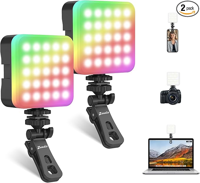 Zeadio Portable RGB Pocket Light with Clip - Adjustable 3000K-7000K Color Temperature, CRI95, Camera Small Video Selfie Light for Tabletop Filming/Selfie/Cell Phone/Photography, Pack of 2