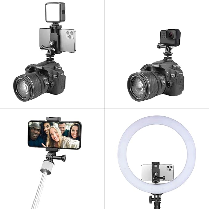 Anwenk Phone Holder Hot Shoe Mount Adapter with Cold Shoe Mount for Microphone/ Flash Light Compatible with Gopro Hero DJI Osmo Action Camera Smartphone, Attach on DSLR Camera / Ring Light/ Tripod