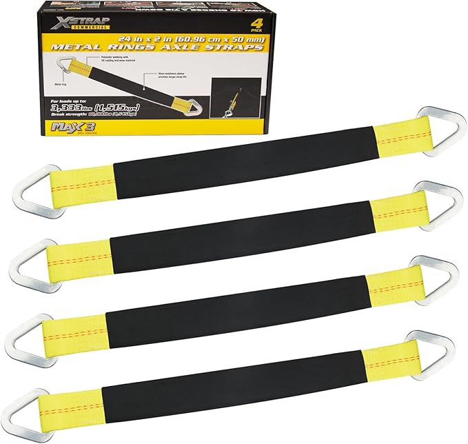 XSTRAP STANDARD 4 Pack of 24 x 2" Axle Strap with Protective Sleeve and D-Ring for Securing Car Transport, Axle Tie Down Straps - 3333 Lb. Capacity 10,000 Breaking Strength