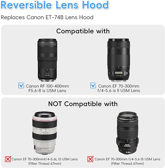 JJC Dedicated Lens Hood Shade Protector for Canon RF 100-400mm F5.6-8 is USM & EF 70-300mm f/4-5.6 is II USM Replaces Canon ET-74B Lens Hood Reversible/Bayonet/with Button to Lock or Release
