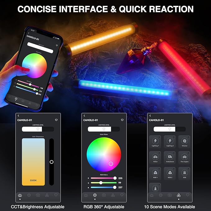 Portable RGB Handheld Light Wand LED Stick Tube Light Magnetic Photography Lighting with App Control Full Color Brightness Adjustable 10 Effects 2500k-8500K CRI 95+