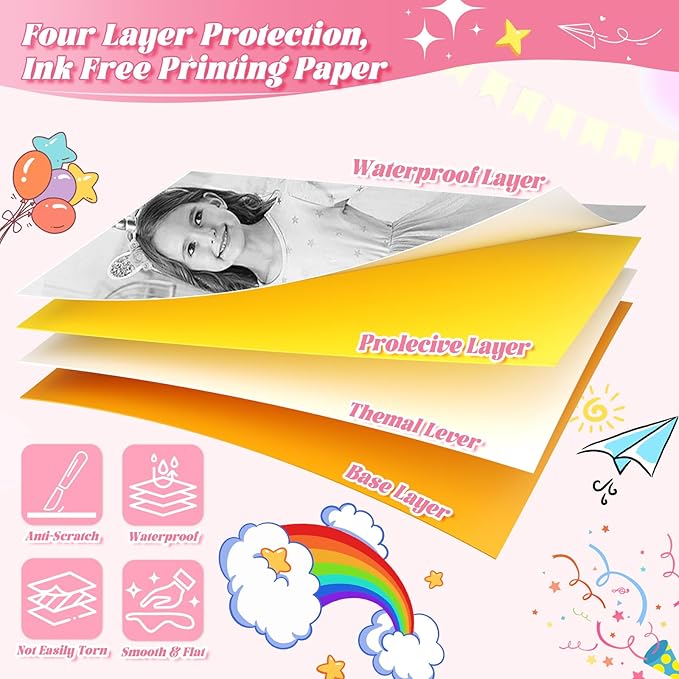 10 Rolls Kids Camera Paper Roll Refill - HD kids camera instant print paper, 55x25mm Print 180 Sheets with Cute Stickers, Scratch-Resistant, BPA Free, Suitable for 99% of Instant Print Camera for Kids