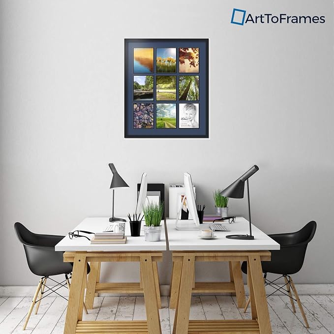 ArtToFrames Collage Photo Frame Double Mat with 9-8x10 Openings with Satin Black Frame and Midnight Blue mat.