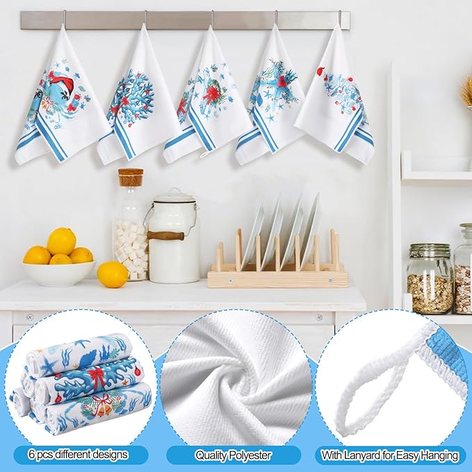 Preboun 6 Pcs Christmas Kitchen Towels Beach Coastal Christmas Decor Ocean Decorative Hand Towels Blue Red Dish Cloth Farmhouse Tea Cloth Kitchen Accessories Bathroom Decor Holiday