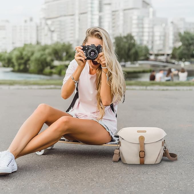 BAGSMART Camera Bag, SLR DSLR Canvas Crossbody Camera Case, Compact Camera Shoulder Bag with Rain Cover for Women and Men, Ivory White