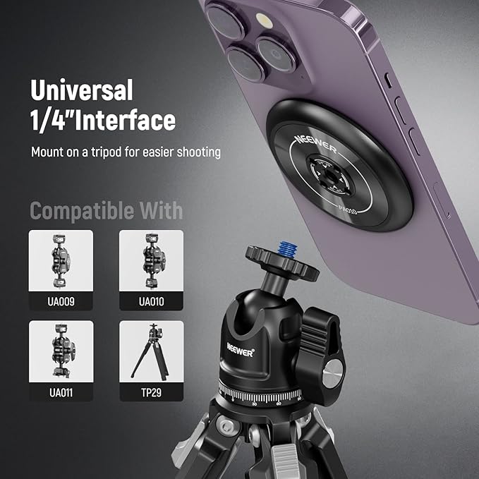 NEEWER Magnetic Phone Tripod Mount Adapter with 1/4" Holes Compatible with iPhone MagSafe Selfie Stick for 15 Pro Max 15 Plus 14 13 12 Pro Max Mini, Phone Holder for Ring Light Video Recording, PA010