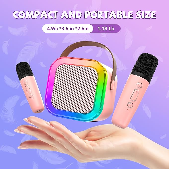 Mini Karaoke Machine for Kids Girls Boys - Birthday Gifts for Ages 4 5 6 7 8+ Year Old - 2026 New est - Portable Bluetooth Speaker with 2 Wireless Microphone - Kids' Instrument Accessories - Pink