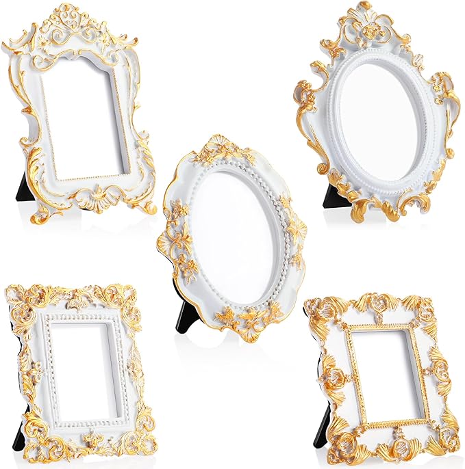 Maitys 5 Pcs Mini Picture Vintage Frames with Stands Tiny Antique Photo Baroque Ornate Resin Oval Frame Table Top Display Home Wedding Decor (White Gold)