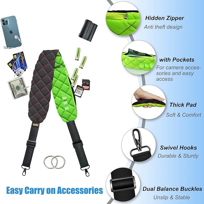 LONPAI Ultra Comfortable Camera Strap with Pockets and Thick Padded for Photographers, Adjustable Universal Cam Neck Belt