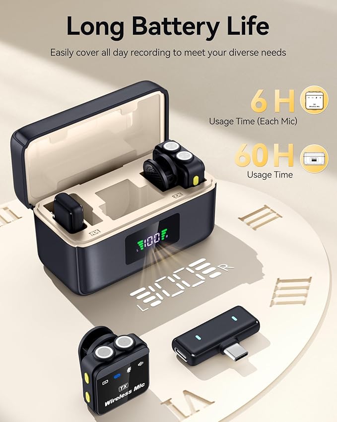bmani Wireless Microphones for iPhone & Android Mini Lavalier Microphone with Noise Reduction 328ft Transmission & 60H Charging Case Magnetic Mini Mic for Vlogging, Video Recording, Podcast Fit Black