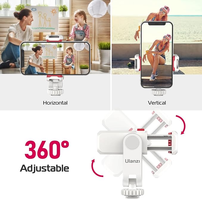 ULANZI Phone Tripod Mount ST-06S White, Universal Smartphone Mount Adapter with 2 Cold Shoe, 360° Rotates and Adjustable Cell Phone Clip Clamp Holder, Compatible with iPhone, Samsung Galaxy and More