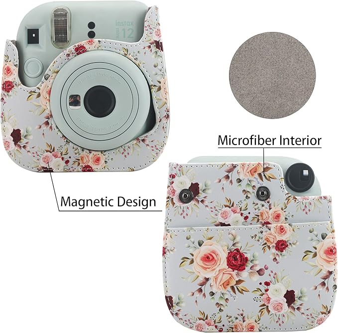 Frankmate Protective Case Compatible with Fujifilm Instax Mini 12 11 9 8 Instant Film Camera with Pocket and Adjustable Strap (Retro Rose)