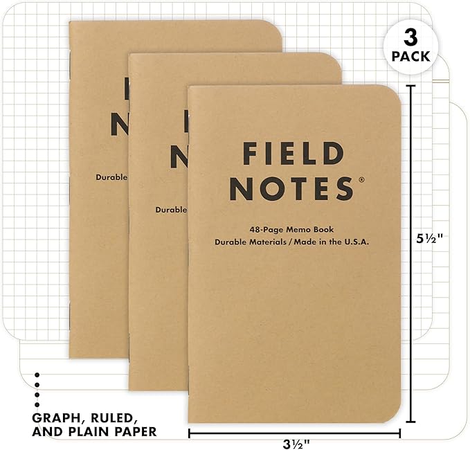 Field Notes: Original Kraft 3-Pack - Mixed Paper (1 Graph/Grid, 1 Ruled/Lined, 1 Plain/Blank) Memo Books - 48 Page Pocket Notebooks - 3.5" x 5.5"