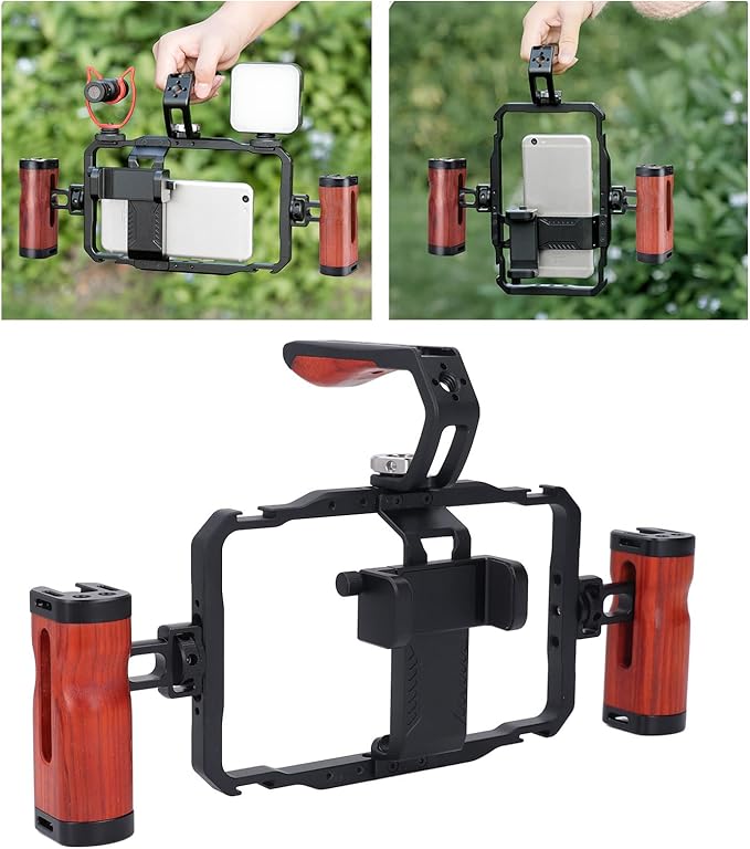 Smartphone Video Rig Kit, Aluminum Alloy Detachable Dual Handles Portable Phone Cage, Universal Handheld Stabilizer with Expansion Ports for Vlogs Videos Live Streaming