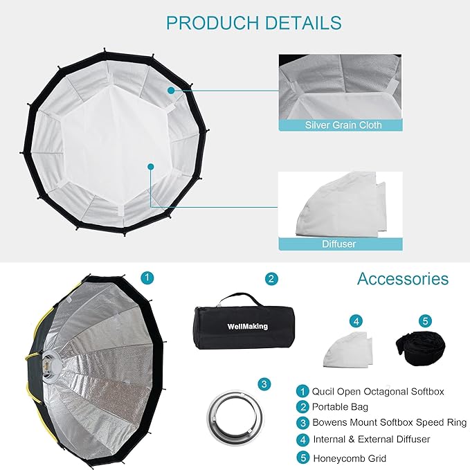 WELLMAKING 33.4inch/85cm Parabolic 16K Softbox Quick Set up and Folding, with Diffusers/Honeycomb Grid/Bag,Compatible with Bowens Mount Light for Portrait or Product Photography Studio Flash Monolight