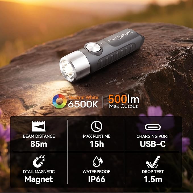 S11-T Rechargeable Keychain Flashlight, 500 High Lumens EDC Mini Flashlight with Magnet, LED Pocket Light Suitable for Outdoor, Camping, Hiking