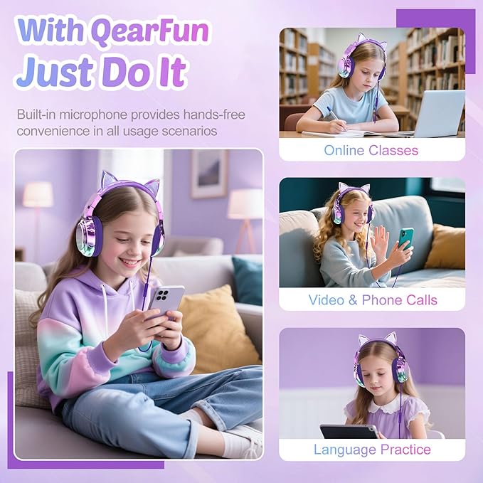 QearFun Kids Cat Ear Headphones with USB C for Girls with Microphone, 85/94dB Safe Volume Limiter, Tangle-Free Cord, Share Port, Foldable Sparkly Wired Headset for School, Travel, Tablet, iPad