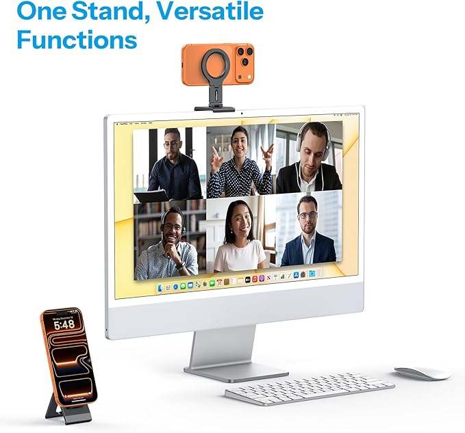 OMOTON VC07 360°Rotating Continuity Camera Mount for iMac Desktop Monitor Mount with 1/4" Screw, Adjustable Magnetic Phone Stand for MagSafe iPhone 17/16 Pro Max Air, Mac, Gym, TV, 4K, Laptop