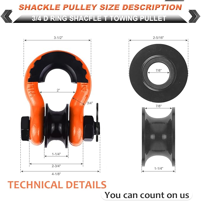 Upgraded Snatch Block, 3/4" D Ring Shackle (2 Pack) 22,000lb Break Strength with Towing Pulley, Heavy Duty Offroad Recovery Accessory for Truck, Tractor, ATV & UTV (Orange)