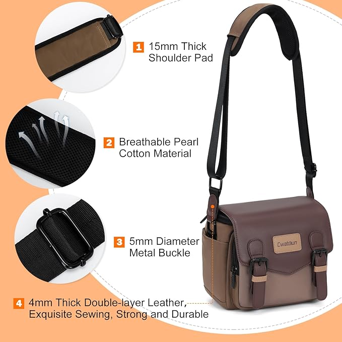 Cwatcun Camera Messenger Bag, Waterproof Flap Camera Crossbody Shoulder Case with Tripod Holder, Travel Photography Bag for Canon, Nikon, Sony, Fuji DSLR/SLR/Mirrorless Camera, Lens (Brown), S