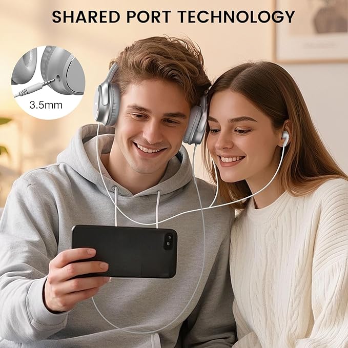 USB C Wired Over-Ear Headphones with Microphone, Volume Control, Share Port, and Adjustable Headband Foldable Stereo Headset for iPhone 16, Samsung, Laptop, Gaming, Travel