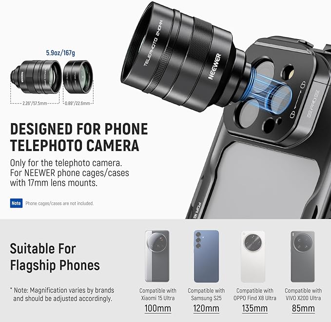 NEEWER 2X Converter with 200mm & 300mm Macro Lenses for Phone Camera Telephoto Lens Only, 7 Elements in 5 Groups, 17mm Thread Compatible with iPhone Android Samsung Xiaomi Phone Cage/Case, LS-79