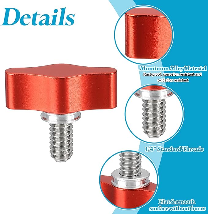 PATIKIL Clamping Screw Knob 1/4" x 0.98", 2Pcs Aluminum Alloy t Shaped Camera Thumb Screws for DSLR Flash Bracket Photography Light Stand Adapter Action Sports Camera Mounting System, Red