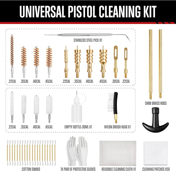 GLORYFIRE Gun Cleaning Kit Fits .22 .357/9mm .38 .40 .45 Cal Universal Handguns & Pistols Compact Carrying Case for Portability Multiple Styles with Brass or Plastic Jags & Tips for Shooting and Range