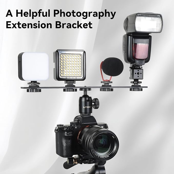 UTEBIT 13 inch Flash Bracket, Long Dual Camera Mount Flash Bracket Extension Bar with 1/4“ Hot Shoe, Straight Flash Brackets 1/4-3/8 Thread Hole Tripod Mount for Camera/LED Light/Microphone
