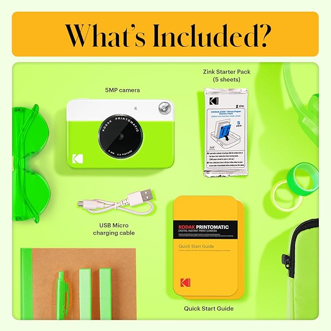 Kodak Printomatic Full-Color Instant Print Digital Camera - 75 Sheets Bundle - Prints On Zink 2x3 Sticky-Back Photo Paper - 5MP, Portable, Creative Fun Gift for Birthday, Christmas, Holiday - Green