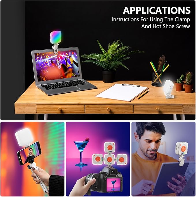 RGB Video Lights, Portable Camera Lights, LED Camera Light with Quick Release Cold Shoe Adapter and Clip, RGB Small Lamp, 3000-9000K 360° Full Color Photography Lighting for Camera, White