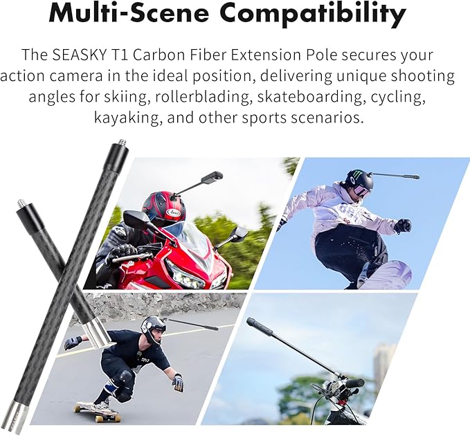 SEASKY T1 30cm Carbon Fiber Extension Rod Kit with 1/4 Adapter Sports Camera Third Person View Video Accessory for Insta360 X5 X4 X3 X2 X RS for GoPro Max 2 for DJI OSMO 360 Panoramic Camera