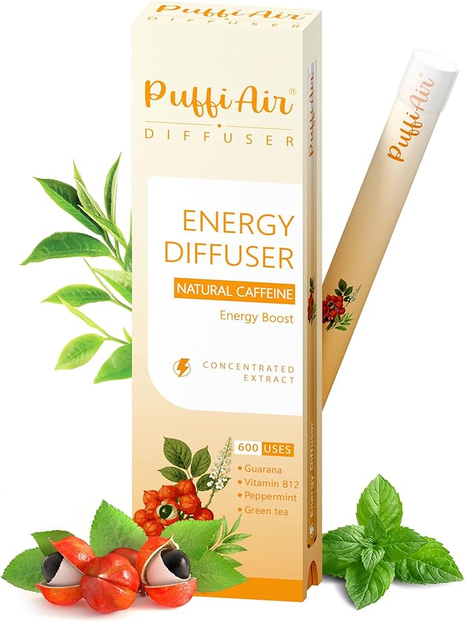 PUFFIAIR Energy Herbal Diffuser Pen – Caffeine Herbal Diffuser Pen for Energy & Focus with Guarana, Green Tea, Peppermint & Menthol – Energy Diffuser with 600 Uses, 1 Stick