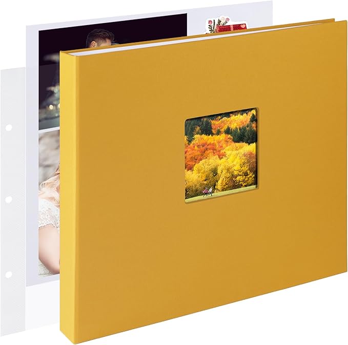 1DOT2 12x12 Inch Large 3 Ring DIY Scrapbook Photo Album Journal with 30 Plastic Sleeves 60 Pages and Fabric Cover for Baby Travel Wedding Anniversary kids Adventure (Indian Yellow Cover/White Pages)