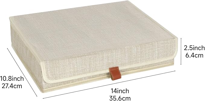 ORGMASTER Photo Storage Boxes with Lids, Memory Box for Keepsakes, Picture Organizer Versatile Linen Containers Basket Collapsible Bin for Organizing Home Office, 2 Pack, 14x10.8x2.5 Inch, Beige