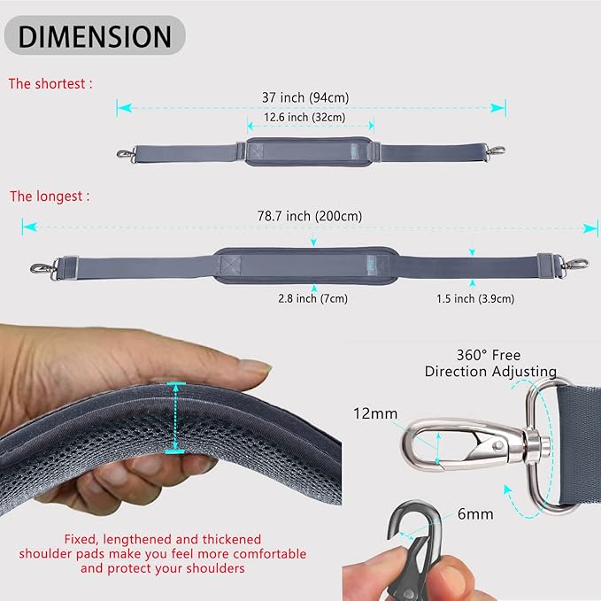 ZINZ 79 inch Shoulder Strap, Extra-thick Fixed Cushion Pad and Dual Clasps Universal Replacement Strap with Metal Swivel Hooks for Laptop Bags, Luggage Bags, Camera, Crossbody (200cm,Dark Gray)