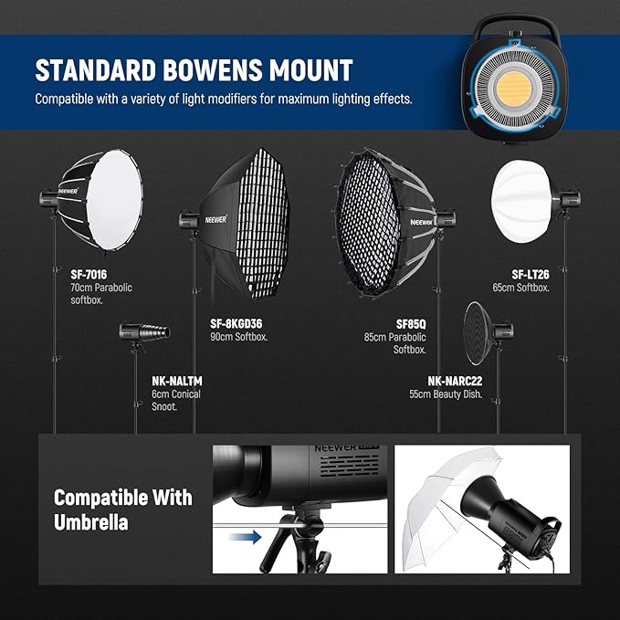 NEEWER CB60B 70W LED Video Light with 2.4G&APP Control, COB Bi Color 2700K-6500K 34000Lux at 1m/CCT CRI97+/12 Scenes/Bowens Mount, Bluetooth, with Reflector, Power Cord, Manual, Studio/Video Recording
