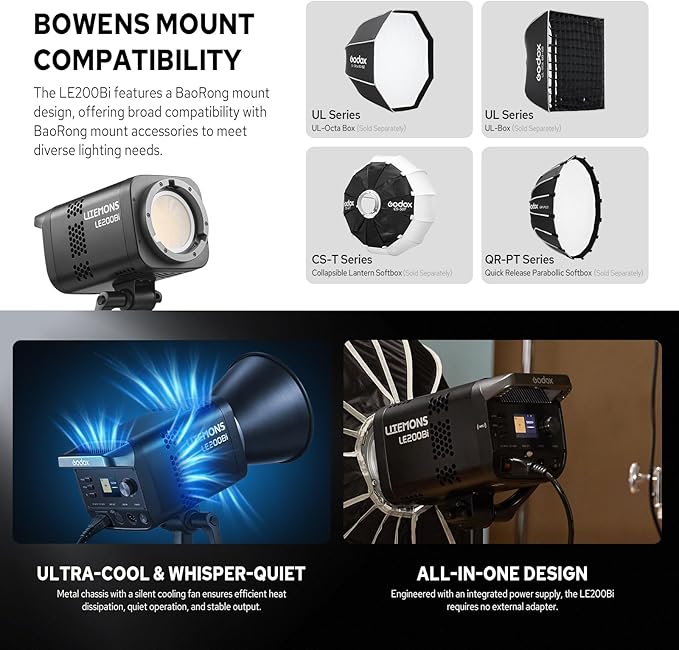 Godox Litemons LE200Bi 220W Bi-Color LED Video Light, 57700Lux@1M with APP Control, CRI/TLCI 98+ Studio Light with 11 FX Effects, 0-100% Brightness Bowens Mount LED(Black)