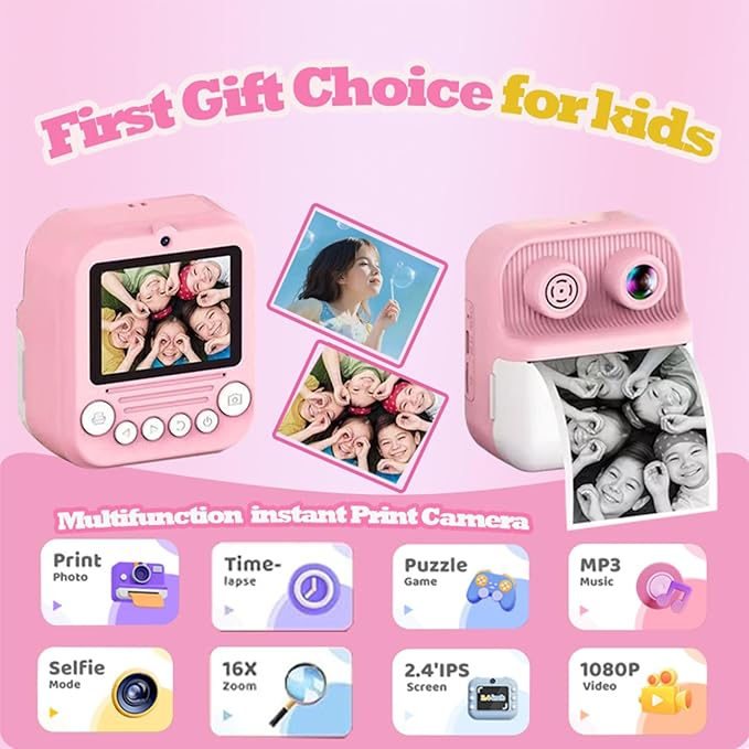 Dual-Lens Instant Print Camera for Kids, 48MP Thermal Instant Printing Camera with 2.4 Inch IPS Screen for Toddler, Boys Girls Christmas Birthday Gifts Photo Printer with 64GB SD Card (Pink)