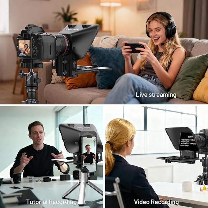 Desview T3 Teleprompter Teleprompter with Remote Control Work with iPad/Tablet/Smartphone up to 10 inch High Display Mirror Support Wide Angle Lens Great Partner for Live Streaming